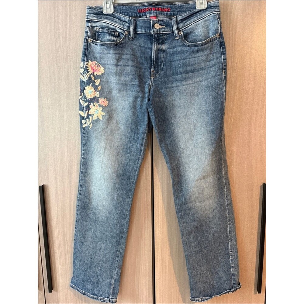 Lucky Brand Medium Blue Straight Jeans with Floral Embroidery
